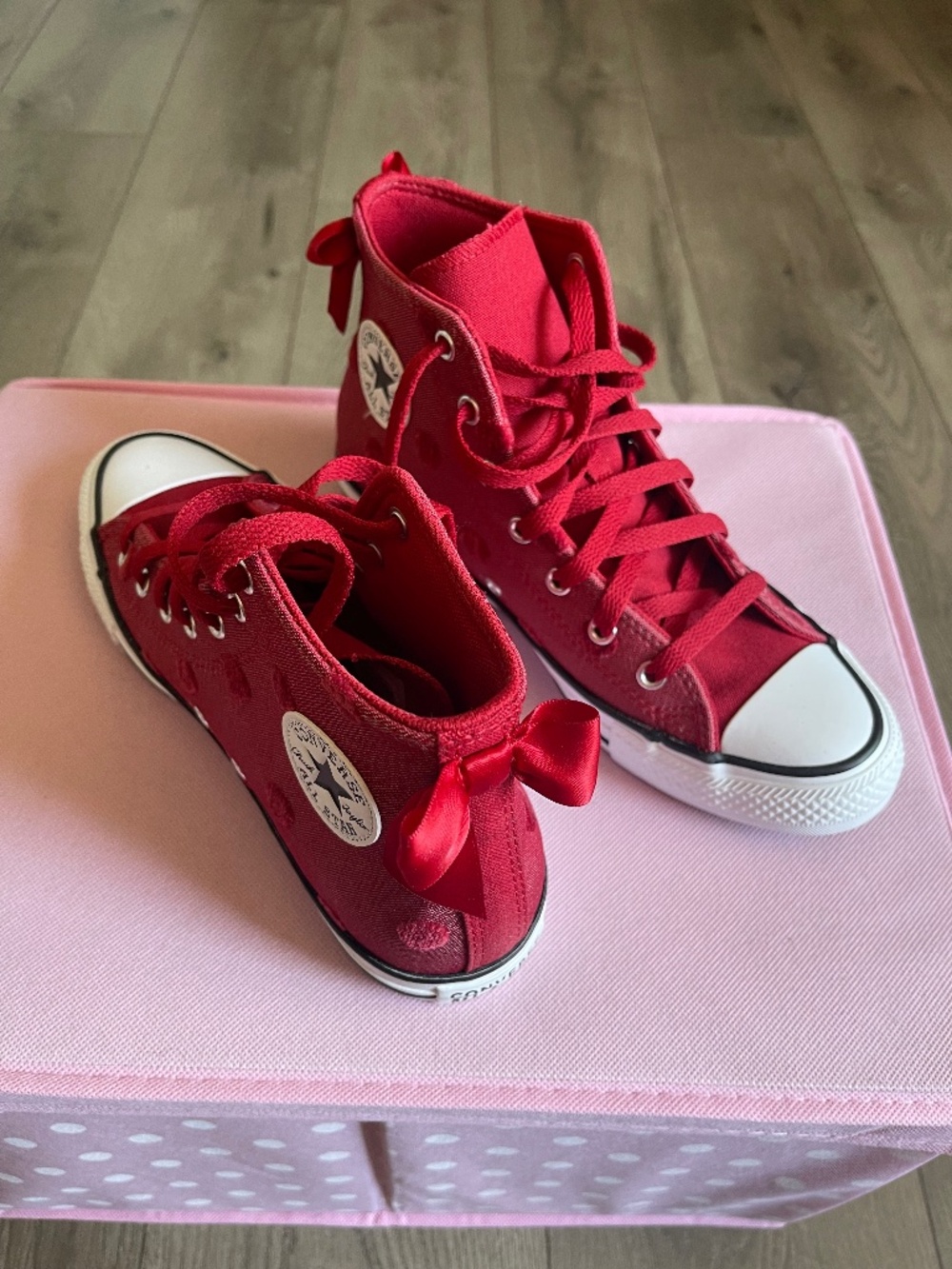 Cranberry Red Converse High tops with polka dots & bows